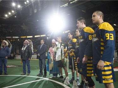 A gift ceremony is held in honour of Aboriginal day prior to the Saskatchewan Rush taking on the Georgia Swarm in NLL Lacrosse action on Saturday, March 12th, 2016.