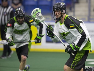 Saskatchewan Rush defence Brett Mydske moves the ball against the Georgia Swarm in NLL Lacrosse action on Saturday, March 12th, 2016.