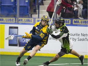 Georgia's Shayne Jackson and Saskatchewan's Jeremy Thompson, shown last season during the Swarm's only visit to Saskatoon, will renew acquaintances on June 4.