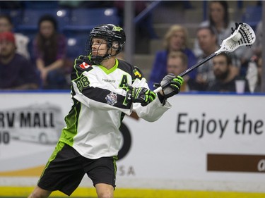 Saskatchewan Rush forward Zack Greer takes a shot on the Georgia Swarm in NLL Lacrosse action on Saturday, March 12th, 2016.