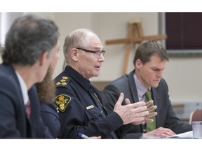 Saskatoon police Chief Clive Weighill (centre) and Coun. Charlie Clark (right)