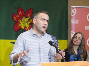 NDP leader Cam Broten makes a campaign announcement about senior's funding in Saskatoon, March 18, 2016.