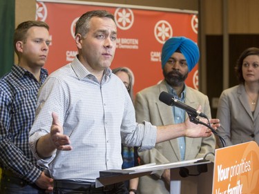 NDP leader Cam Broten makes a campaign announcement about senior's funding in Saskatoon, March 18, 2016.