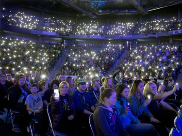 Lights were shining on enthusiastic children throughout the inside of SaskTel Centre with 13,000 schoolchildren, teachers and parents celebrating WeDay in Saskatoon, March 2, 2016.