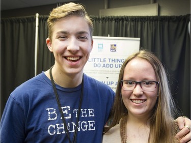 Jonah Toth and Kali Stocks with 13,000 schoolchildren, teachers and parents celebrate WeDay at SaskTel Centre in Saskatoon, March 2, 2016.