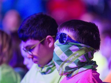 Lights were shining on enthusiastic children throughout the inside of SaskTel Centre with 13,000 schoolchildren, teachers and parents celebrating WeDay in Saskatoon, March 2, 2016.