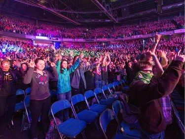 Lights were shining on enthusiastic children throughout the inside of SaskTel Centre with 13,000 schoolchildren, teachers and parents celebrating WeDay in Saskatoon, March 2, 2016.