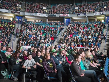 Lights were shining on enthusiastic children throughout the inside of SaskTel Centre with 13,000 schoolchildren, teachers and parents celebrating WeDay in Saskatoon, March 2, 2016.