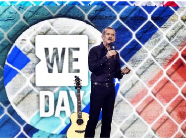 Canadian astronaut Chris Hadfield speaks to 13,000 children on stage at WeDay at SaskTel Centre in Saskatoon, March 2, 2016.