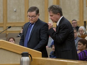 Remai Modern CEO Gregory Burke, right, speaks to Remai Modern trustee Scott Verity as he speaks to Saskatoon City Council during a meeting on March 21, 2016.