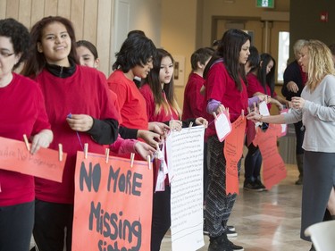 A group of Grades Seven and Eight students from St. Mary's Wellness and Eduction Centre spent their noon-hour performing a flash mob at the Gordon Oaks Red Bear Students Centre at the U of S to raise awareness for missing and murdered Aboriginal Women in Canada, March 21, 2016.