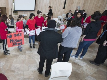 A group of Grades Seven and Eight students from St. Mary's Wellness and Eduction Centre spent their noon-hour performing a flash mob at the Gordon Oaks Red Bear Students Centre at the U of S to raise awareness for missing and murdered Aboriginal Women in Canada, March 21, 2016.