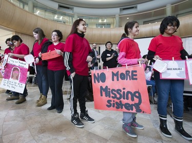 A group of Grades Seven and Eight students from St. Mary's Wellness and Eduction Centre spent their noon-hour performing a flash mob at the Gordon Oaks Red Bear Students Centre at the U of S to raise awareness for missing and murdered Aboriginal Women in Canada, March 21, 2016.