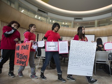 A group of Grades Seven and Eight students from St. Mary's Wellness and Eduction Centre spent their noon-hour performing a flash mob at the Gordon Oaks Red Bear Students Centre at the U of S to raise awareness for missing and murdered Aboriginal Women in Canada, March 21, 2016.