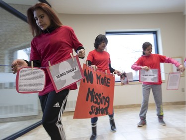 A group of Grades Seven and Eight students from St. Mary's Wellness and Eduction Centre spent their noon-hour performing a flash mob at the Gordon Oaks Red Bear Students Centre at the U of S to raise awareness for missing and murdered Aboriginal Women in Canada, March 21, 2016.