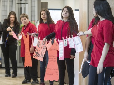 A group of Grades Seven and Eight students from St. Mary's Wellness and Eduction Centre spent their noon-hour performing a flash mob at the Gordon Oaks Red Bear Students Centre at the U of S to raise awareness for missing and murdered Aboriginal Women in Canada, March 21, 2016.