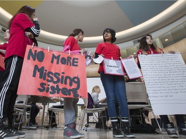 A group of Grades Seven and Eight students from St. Mary's Wellness and Eduction Centre spent their noon-hour performing a flash mob at the Gordon Oaks Red Bear Students Centre at the U of S to raise awareness for missing and murdered Aboriginal Women in Canada, March 21, 2016.