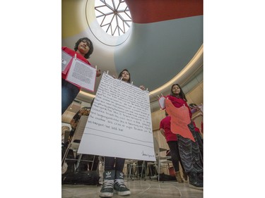 A group of Grades Seven and Eight students from St. Mary's Wellness and Eduction Centre spent their noon-hour performing a flash mob at the Gordon Oaks Red Bear Students Centre at the U of S to raise awareness for missing and murdered Aboriginal Women in Canada, March 21, 2016.