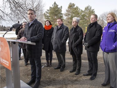 NDP leader Cam Broten at a news conference in Weaver Park in Saskatoon says if elected he will hire 300 teachers and as many more EA's,  March 21, 2016.