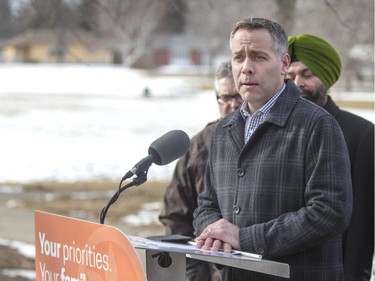 NDP leader Cam Broten at a news conference in Weaver Park in Saskatoon says if elected he will hire 300 teachers and as many more EA's,  March 21, 2016.