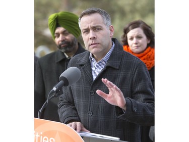 NDP leader Cam Broten at a news conference in Weaver Park in Saskatoon says if elected he will hire 300 teachers and as many more EA's,  March 21, 2016.