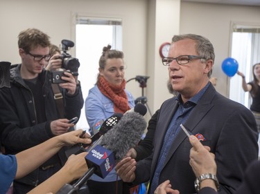 Sask Party leader Brad Wall speaks to media at the Ability In Me (AIM) Centre, March 21, 2016.