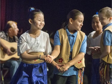 Saskatoon Public Schools Cultural Responsive Programming presented the Indigenous Ensemble Production of Resilience at Castle Theatre in Aden Bowmen School with schoolchildren in the crowd during the day enjoying dancing from all ages, March 21, 2016.