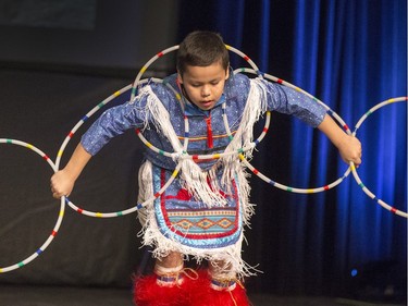 Saskatoon Public Schools Cultural Responsive Programming presented the Indigenous Ensemble Production of Resilience at Castle Theatre in Aden Bowmen School with schoolchildren in the crowd during the day enjoying dancing from all ages, March 21, 2016.