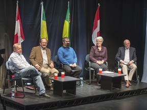 The Agriculture Producers Association of Saskatchewan hosted a debate at Persephone Theatre that included, (L-R) Darrin Lamoureux, Leader of the Saskatchewan Liberal Party; Rick Swenson, leader of the Saskatchewan Conservative party; The Green Party of Saskatchewan's Ryan Lamarche; Cathy Sproule of the Saskatchewan New Democratic Party Agriculture Critic; and the Saskatchewan Party's Lyle Stewart.