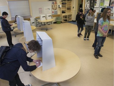 Teacher Lori Flath explained the voting process for Nutana High School students who then cast their ballots during voting day for high school students across the province with the upcoming provincial election, March 23, 2016.