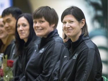 University of Saskatchewan Huskies 2015-16 CIS Champions and coach Lisa Thomaidis at a champions rally in the PAC Gym, March 23, 2016.