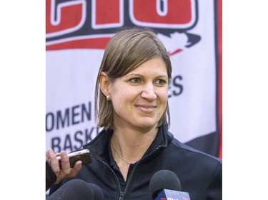 University of Saskatchewan Huskies 2015-16 CIS Champions and coach Lisa Thomaidis at a champions rally in the PAC Gym, March 23, 2016.