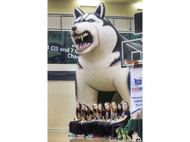 University of Saskatchewan Huskies 2015-16 CIS Champions and a crowd of about 200 at a champions rally in the PAC Gym, March 23, 2016.