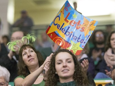 University of Saskatchewan Huskies 2015-16 CIS Champions and a crowd of about 200 at a champions rally in the PAC Gym, March 23, 2016.