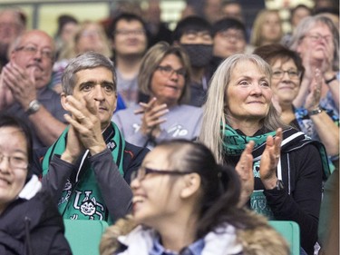 University of Saskatchewan Huskies 2015-16 CIS Champions and a crowd of about 200 at a champions rally in the PAC Gym, March 23, 2016.