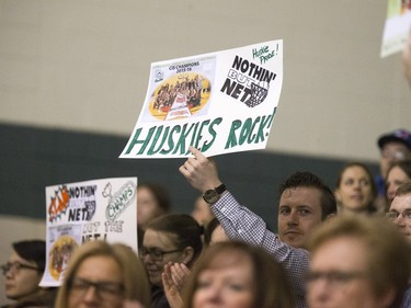 University of Saskatchewan Huskies 2015-16 CIS Champions and a crowd of about 200 at a champions rally in the PAC Gym, March 23, 2016.