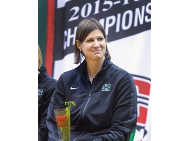 University of Saskatchewan Huskies 2015-16 CIS Champions and coach Lisa Thomaidis at a champions rally in the PAC Gym, March 23, 2016.
