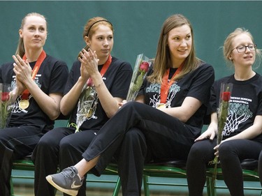 University of Saskatchewan Huskies 2015-16 CIS Champions and a crowd of about 200 at a champions rally in the PAC Gym, March 23, 2016.