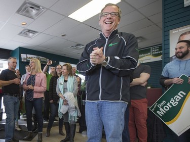 Saskatchewan Party leader Brad Wall speaks to media and supporters at the campaign office of Ken Cheveldayoff in Saskatoon, March 26, 2016.