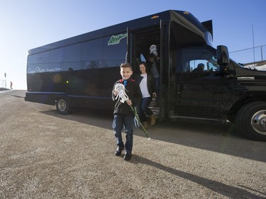Nine-year-old Cohyn Wells gets off of a limousine prior to signing a one-day contract with the Saskatchewan Rush, March 26, 2016. Wells is the Saskatchewan representative for the Children's Miracle Network's Champion Program.