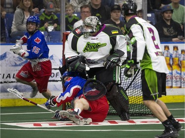 Saskatchewan Rush goalie Aaron Bold stops a shot from the Toronto Rock in NLL action, March 26, 2016.