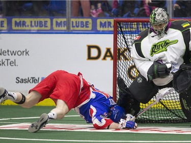 Saskatchewan Rush goalie Aaron Bold makes a stop as Toronto Rock forward Brett Hickey dives in NLL action, March 26, 2016.