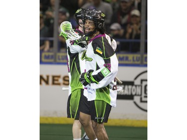 Saskatchewan Rush defence Jeff Cornwall celebrates a goal against the Toronto Rock in NLL action, March 26, 2016.