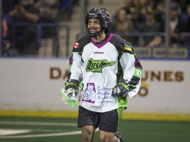 Saskatchewan Rush defence Jeff Cornwall celebrates a goal against the Toronto Rock in NLL action, March 26, 2016.