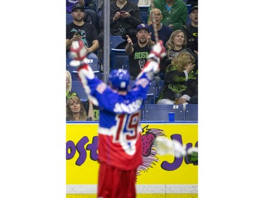 Saskatchewan Rush fans react after the Toronto Rock score in NLL action, March 26, 2016.