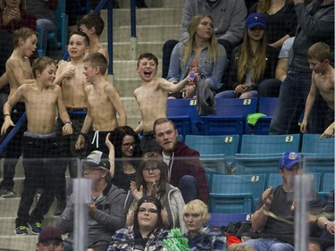 Saskatchewan Rush fans celebrates a goal against the Toronto Rock in NLL action, March 26, 2016.