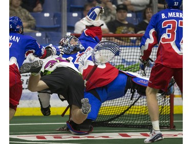 Saskatchewan Rush forward Ben McIntosh dives for a shot on Toronto Rock goal Brandon Miller in NLL action, March 26, 2016.