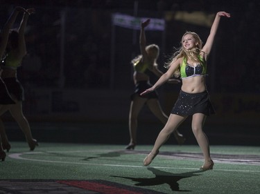The Mini Crush perform between piers as the Saskatchewan Rush take on the Toronto Rock in NLL action, March 26, 2016.