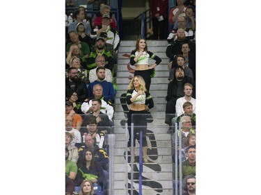 The Crush perform between piers as the Saskatchewan Rush take on the Toronto Rock in NLL action, March 26, 2016.