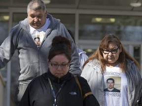 Friends and family members of Rocky Genereaux leave Saskatoon Court of Queen's Bench on Monday. Nicole Paddy (not pictured) pleaded guilty to accessory after the fact to aggravated assault in relation to Genereaux's death on March 12, 2015, in Saskatoon.